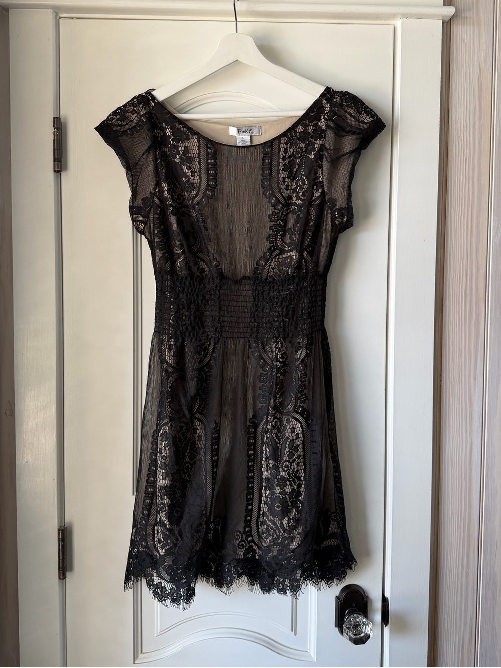 Pinky Black Lace Mini Dress with Sheer Overlay